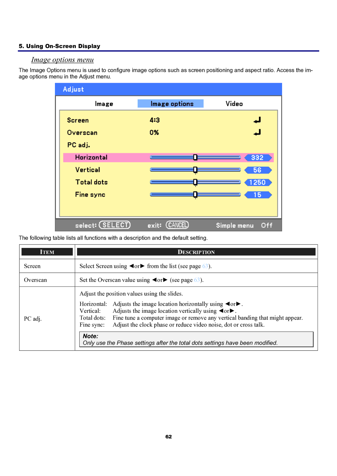 Sanyo PDG-DXT10KL, PDG-DXT10L manual Image options menu 