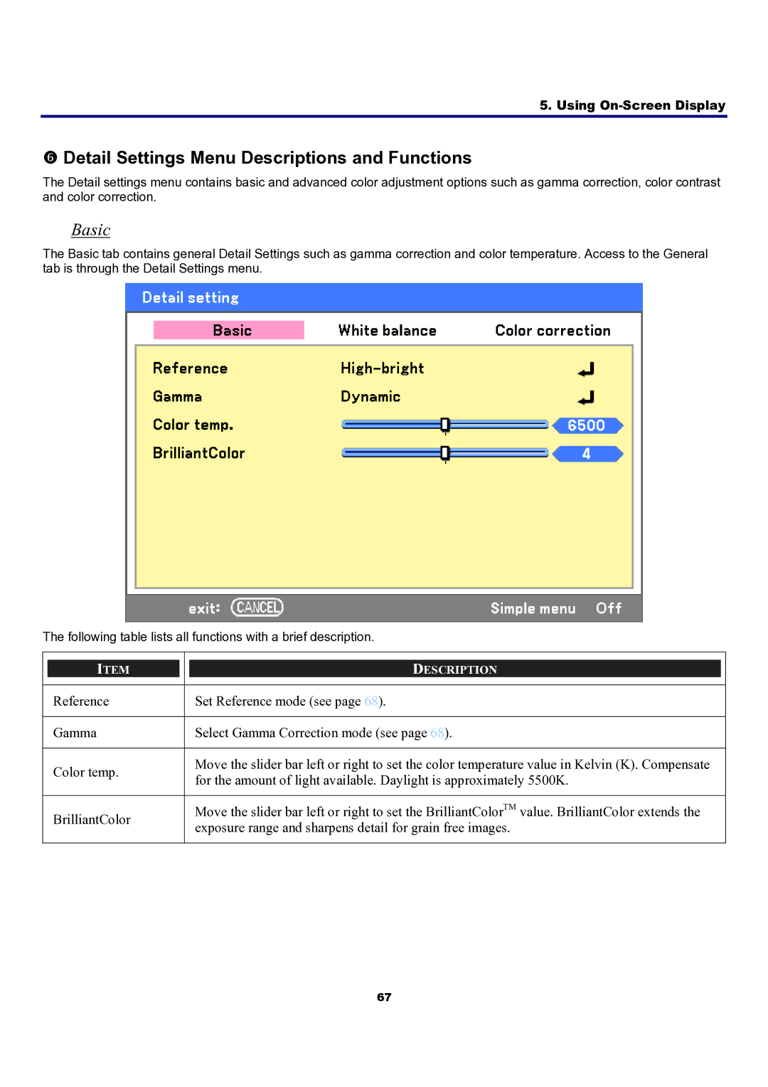 Sanyo PDG-DXT10L, PDG-DXT10KL manual Detail Settings Menu Descriptions and Functions, Basic 