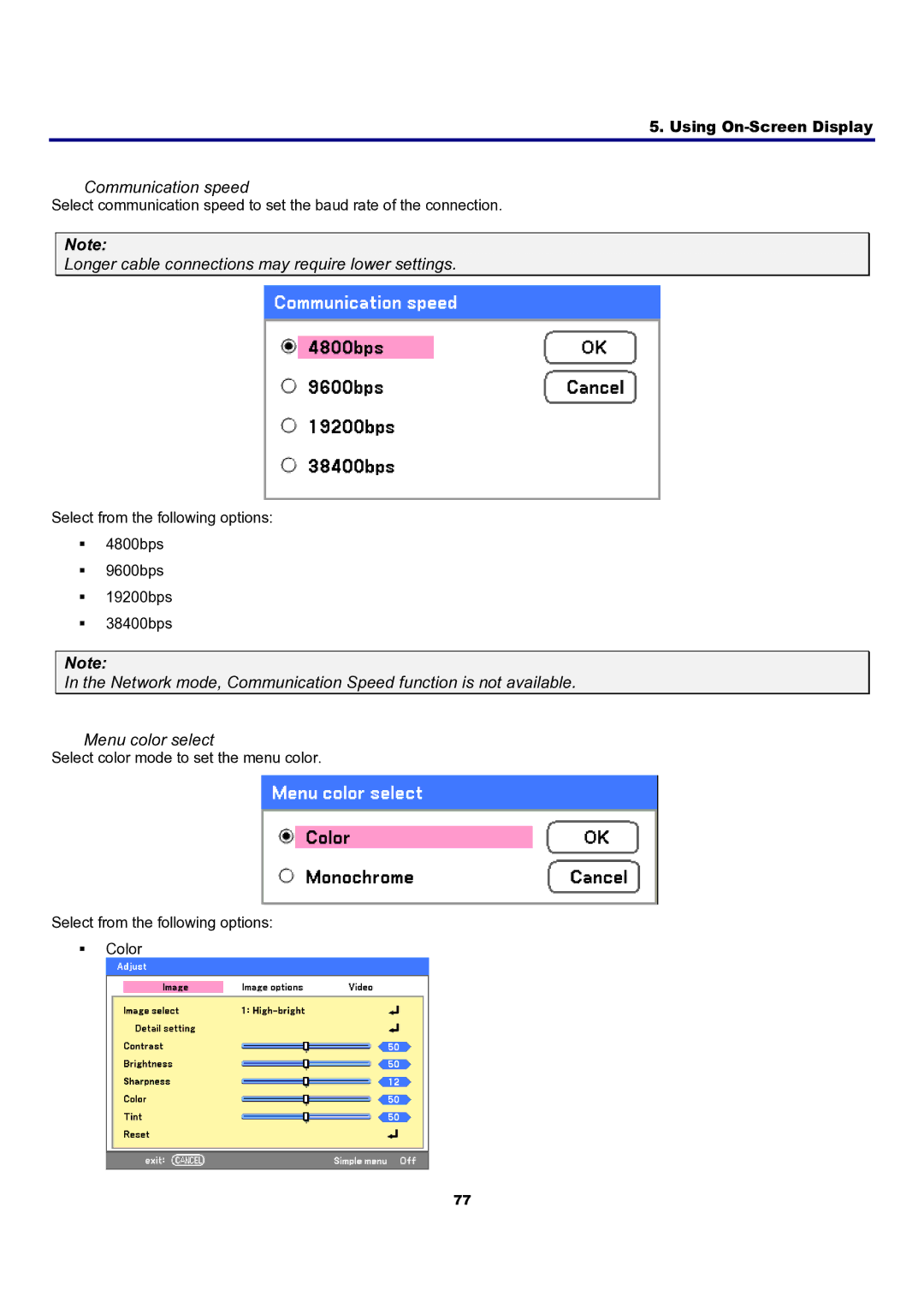 Sanyo PDG-DXT10L, PDG-DXT10KL manual Communication speed, Longer cable connections may require lower settings 