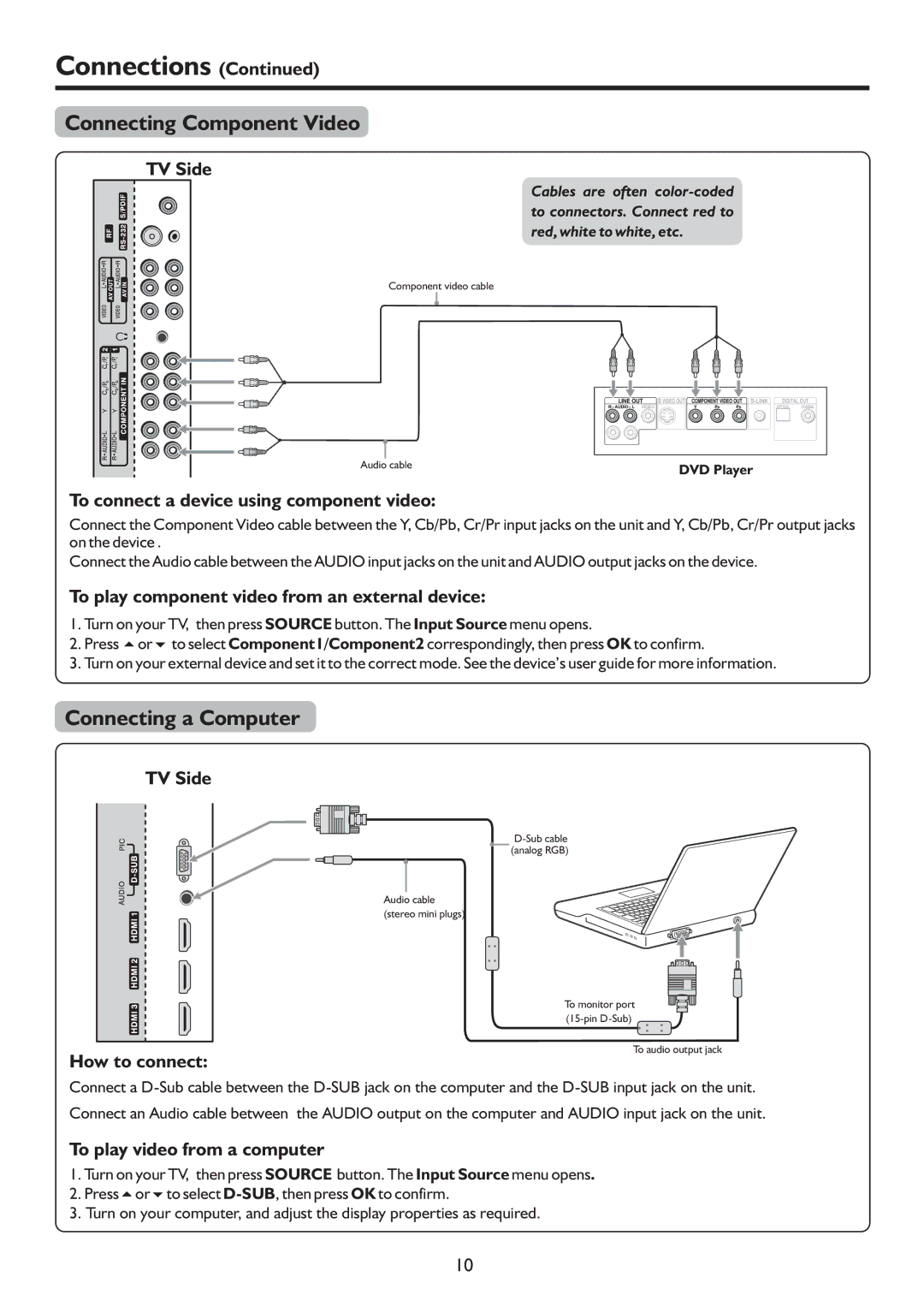 Sanyo PDP-42XR9DA instruction manual Connecting Component Video, Connecting a Computer 