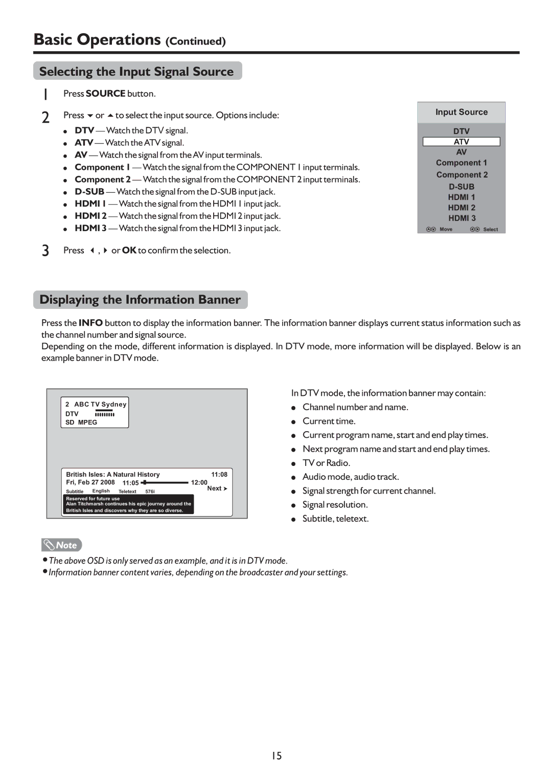 Sanyo PDP-42XR9DA instruction manual Selecting the Input Signal Source, Displaying the Information Banner 