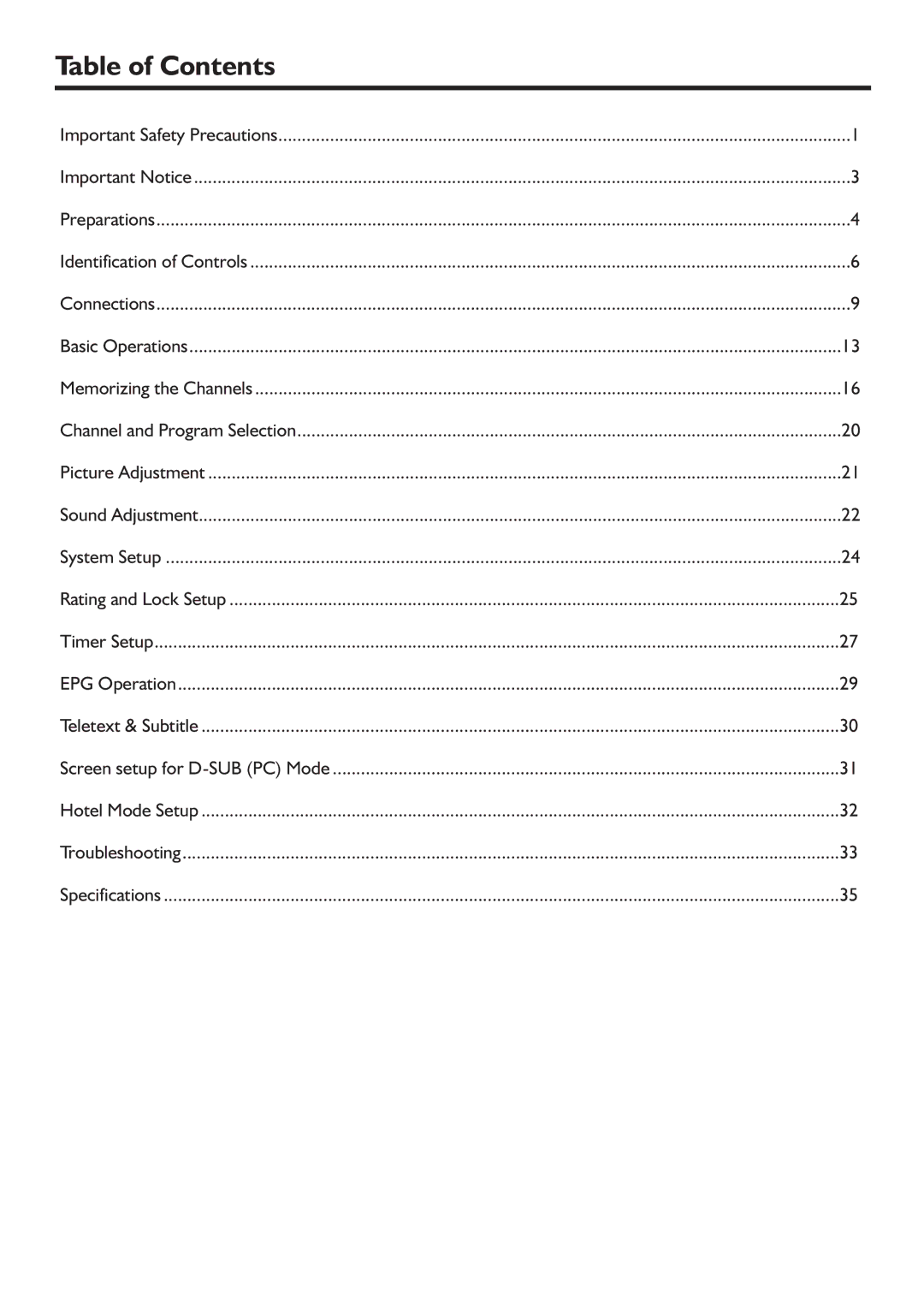 Sanyo PDP-42XR9DA instruction manual Table of Contents 