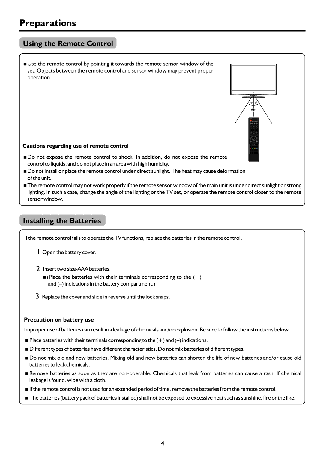 Sanyo PDP-42XR9DA instruction manual Preparations, Using the Remote Control, Installing the Batteries 