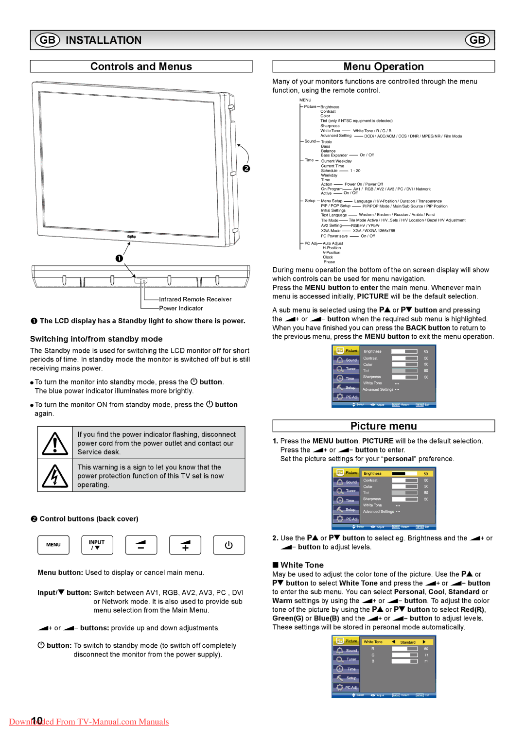 Sanyo PID-42AS1 GB Installation, Controls and Menus Menu Operation, Picture menu, Switching into/from standby mode 