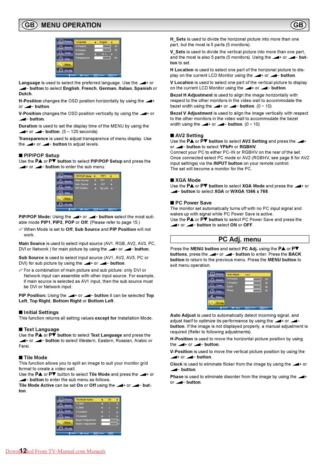 Sanyo PID-42AS1, PID-42AE1 instruction manual GB Menu Operation, PC Adj. menu 