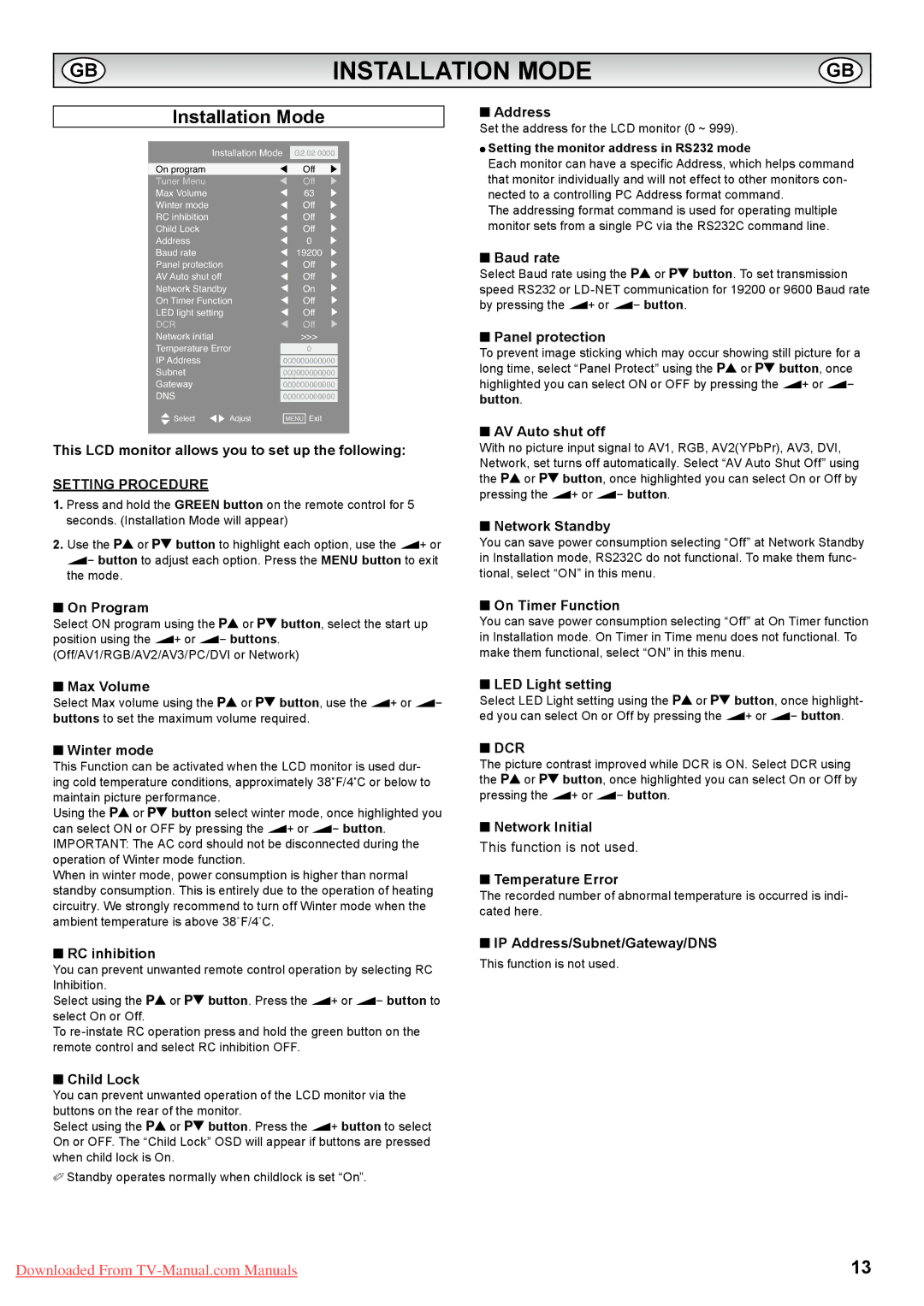 Sanyo PID-42AE1, PID-42AS1 instruction manual Installation Mode, Setting Procedure, Dcr 