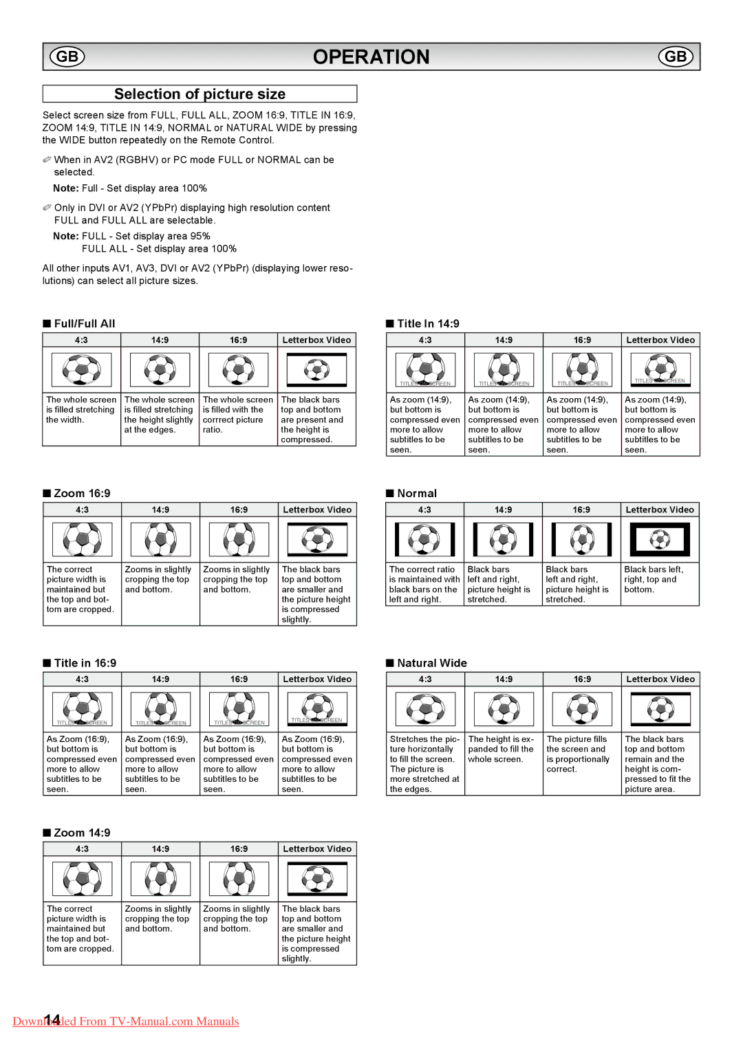 Sanyo PID-42AS1, PID-42AE1 instruction manual Operation, Selection of picture size 