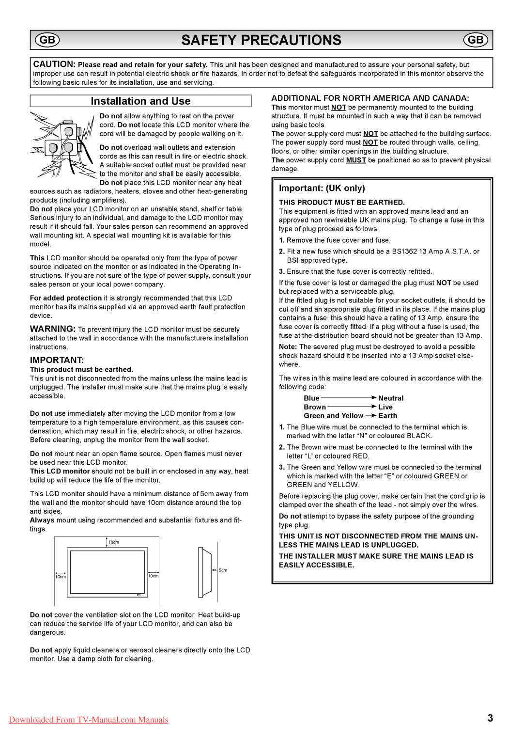 Sanyo PID-42AE1 Safety Precautions, Installation and Use, Important UK only, Additional for North America and Canada 