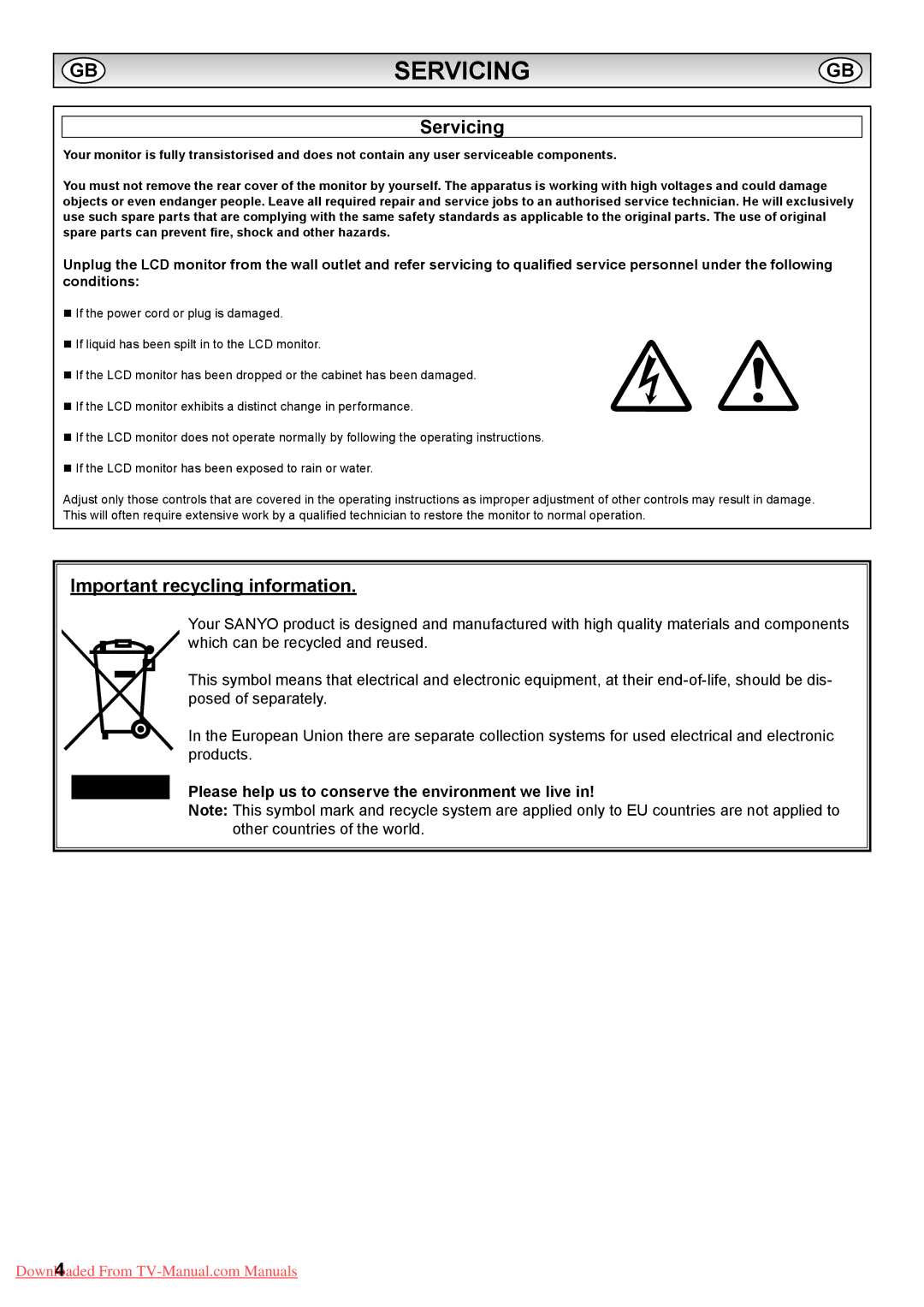 Sanyo PID-42AS1, PID-42AE1 Servicing, Important recycling information, Please help us to conserve the environment we live 