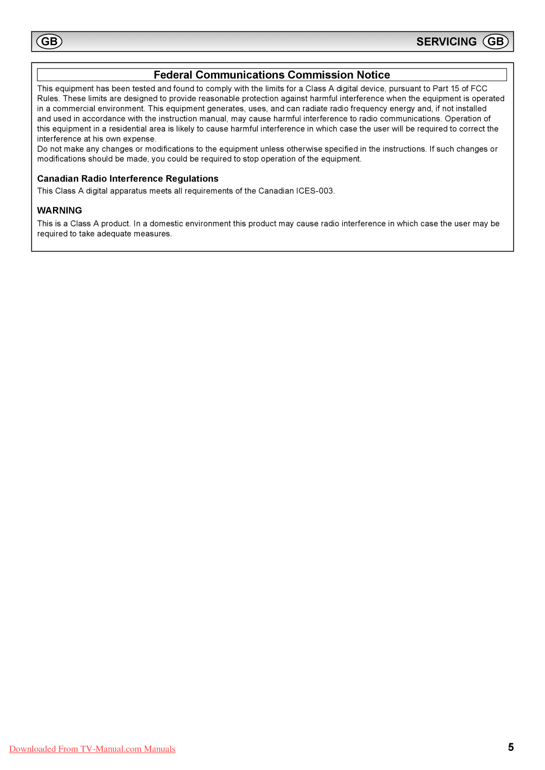 Sanyo PID-42AE1, PID-42AS1 Servicing GB, Federal Communications Commission Notice, Canadian Radio Interference Regulations 