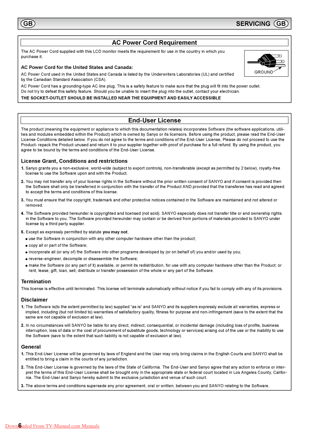 Sanyo PID-42AS1, PID-42AE1 instruction manual AC Power Cord Requirement, End-User License 