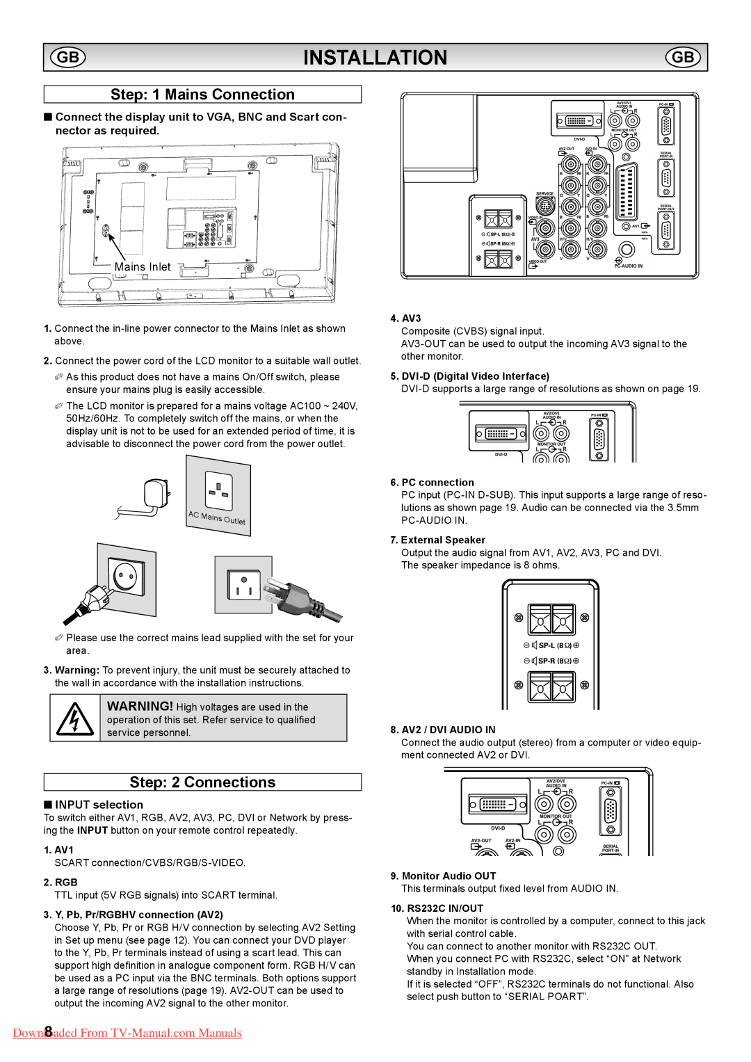 Sanyo PID-42AS1, PID-42AE1 instruction manual Installation, Mains Connection, Connections, Input selection, AV2 / DVI Audio 