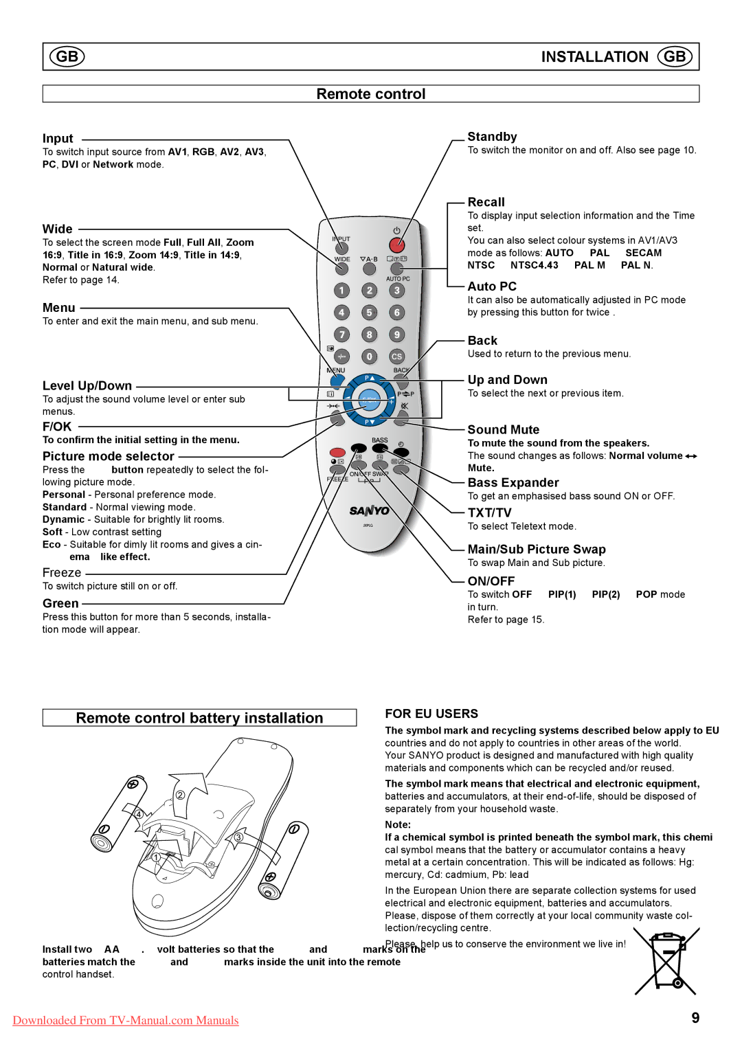 Sanyo PID-42AE1, PID-42AS1 instruction manual Installation GB, Remote control battery installation 