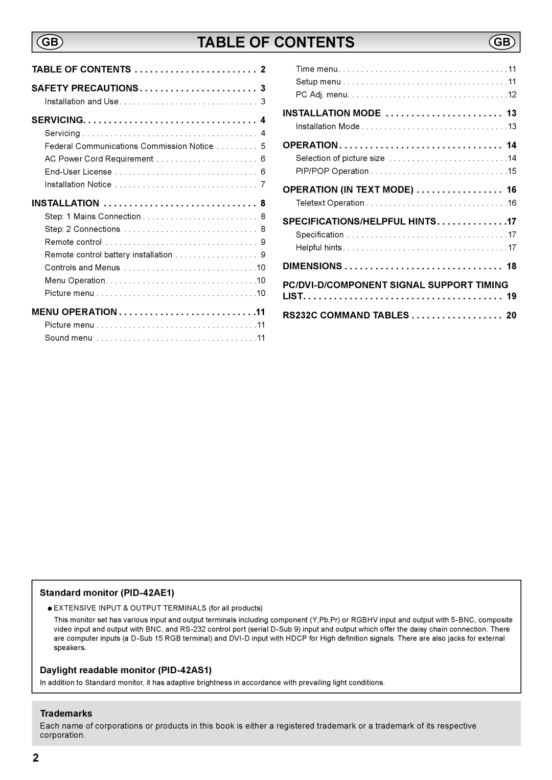 Sanyo PID-42AS1, PID-42AE1 instruction manual Table of Contents 