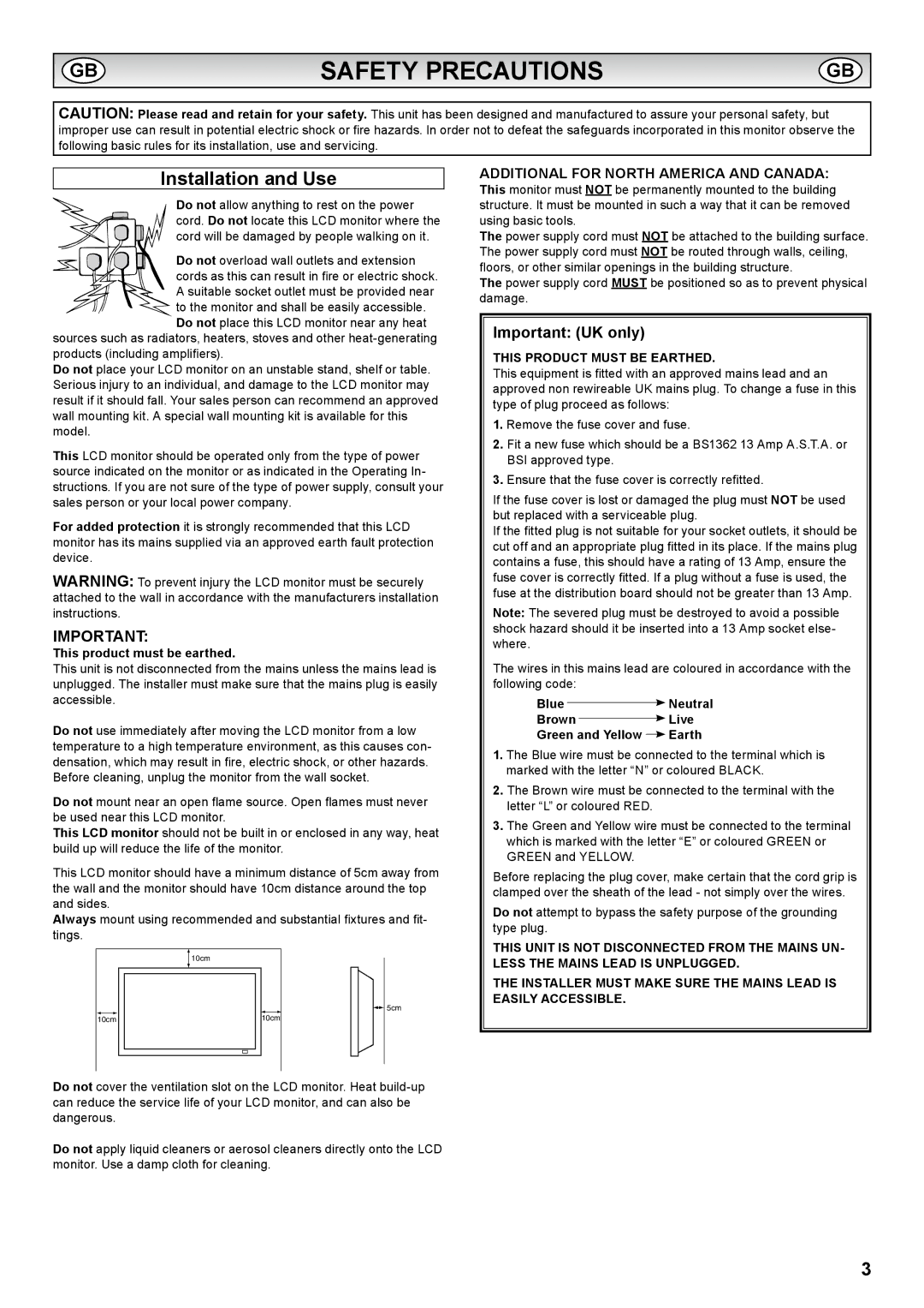 Sanyo PID-42AE1 Safety Precautions, Installation and Use, Important UK only, Additional for North America and Canada 