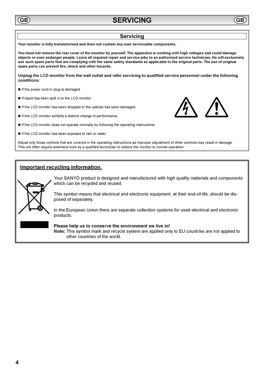 Sanyo PID-42AS1, PID-42AE1 Servicing, Important recycling information, Please help us to conserve the environment we live 