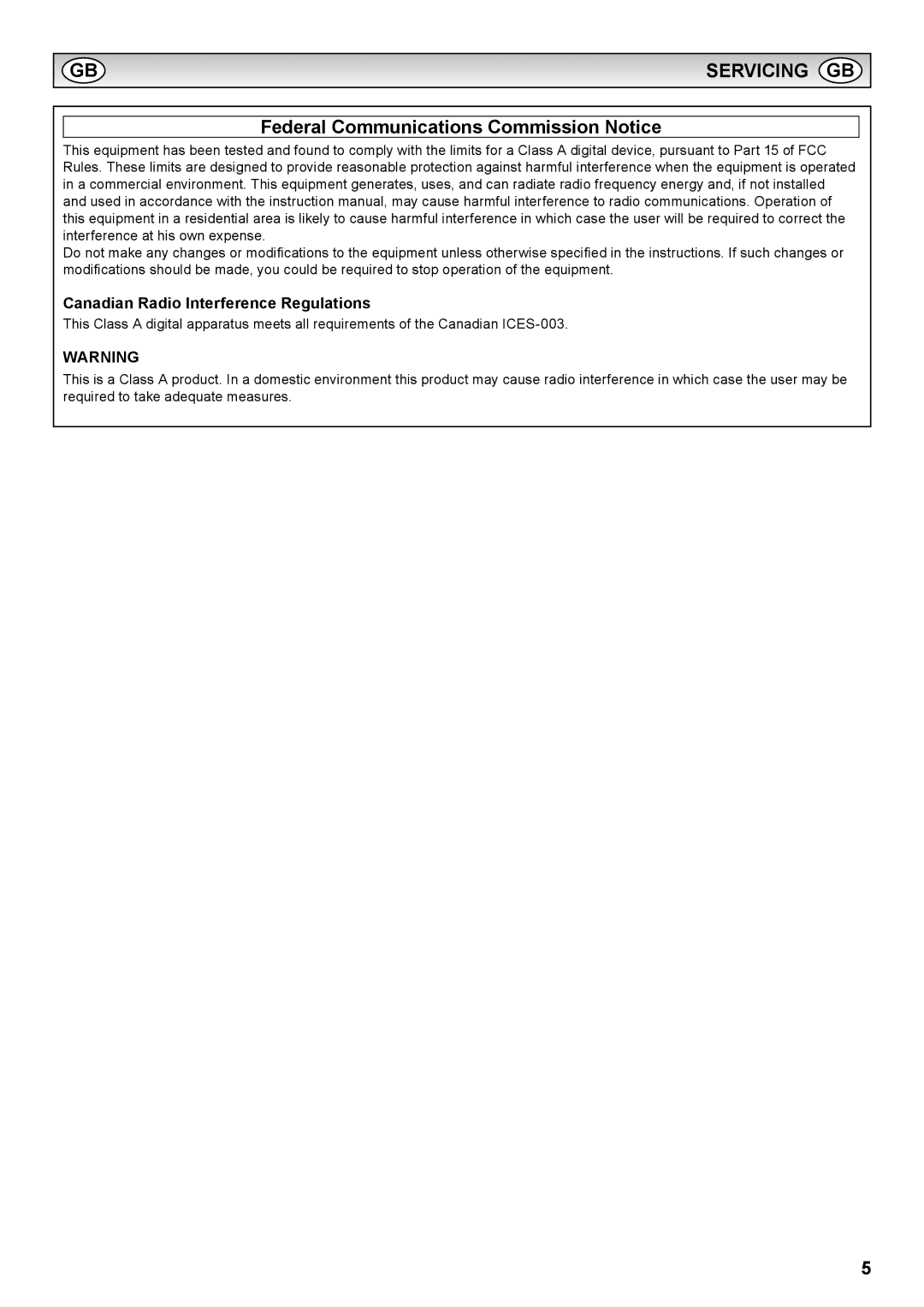 Sanyo PID-42AE1, PID-42AS1 Servicing GB, Federal Communications Commission Notice, Canadian Radio Interference Regulations 