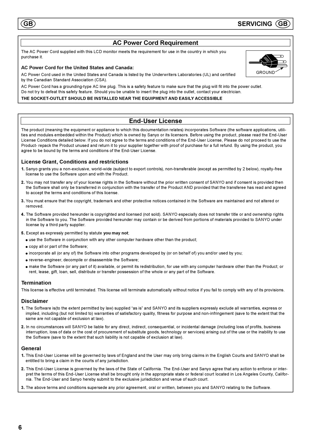 Sanyo PID-42AS1, PID-42AE1 instruction manual AC Power Cord Requirement, End-User License 