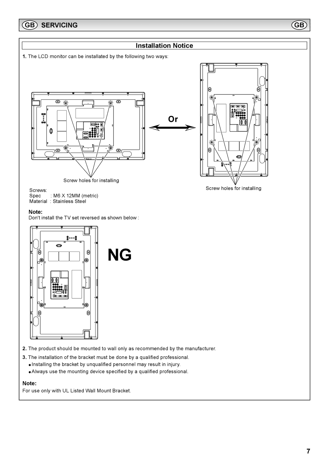 Sanyo PID-42AE1, PID-42AS1 instruction manual GB Servicing, Installation Notice 