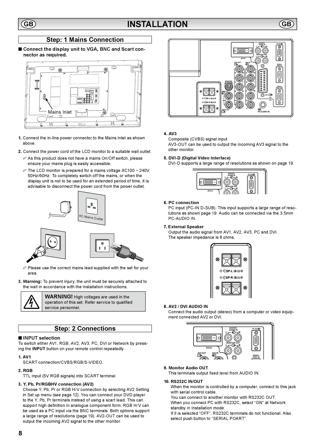 Sanyo PID-42AS1, PID-42AE1 instruction manual Installation, Mains Connection, Connections, Input selection, AV2 / DVI Audio 