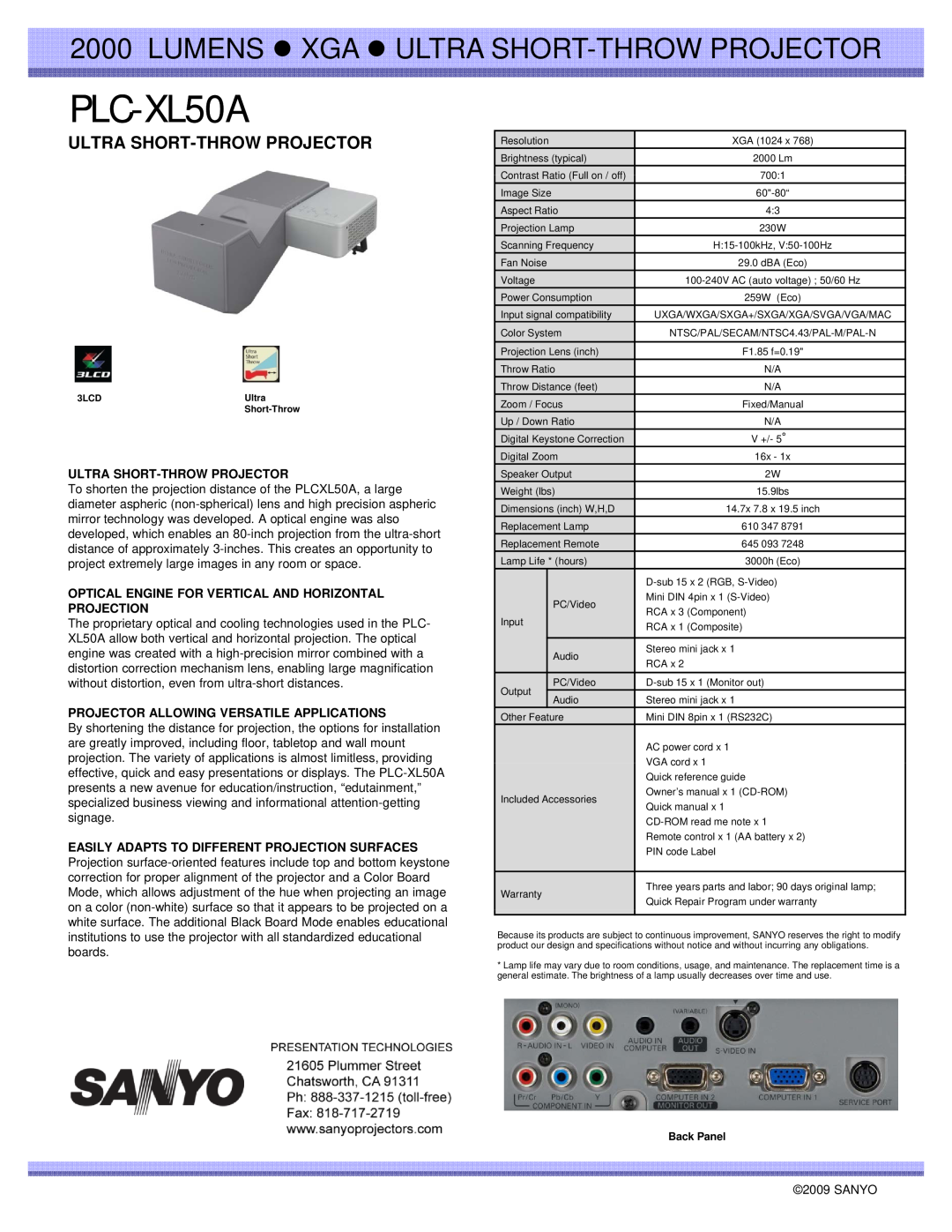 Sanyo PLC--XL50A dimensions PLC-XL50A, LUMENS z XGA z ULTRA SHORT-THROWPROJECTOR, Ultra Short-Throwprojector, Projection 