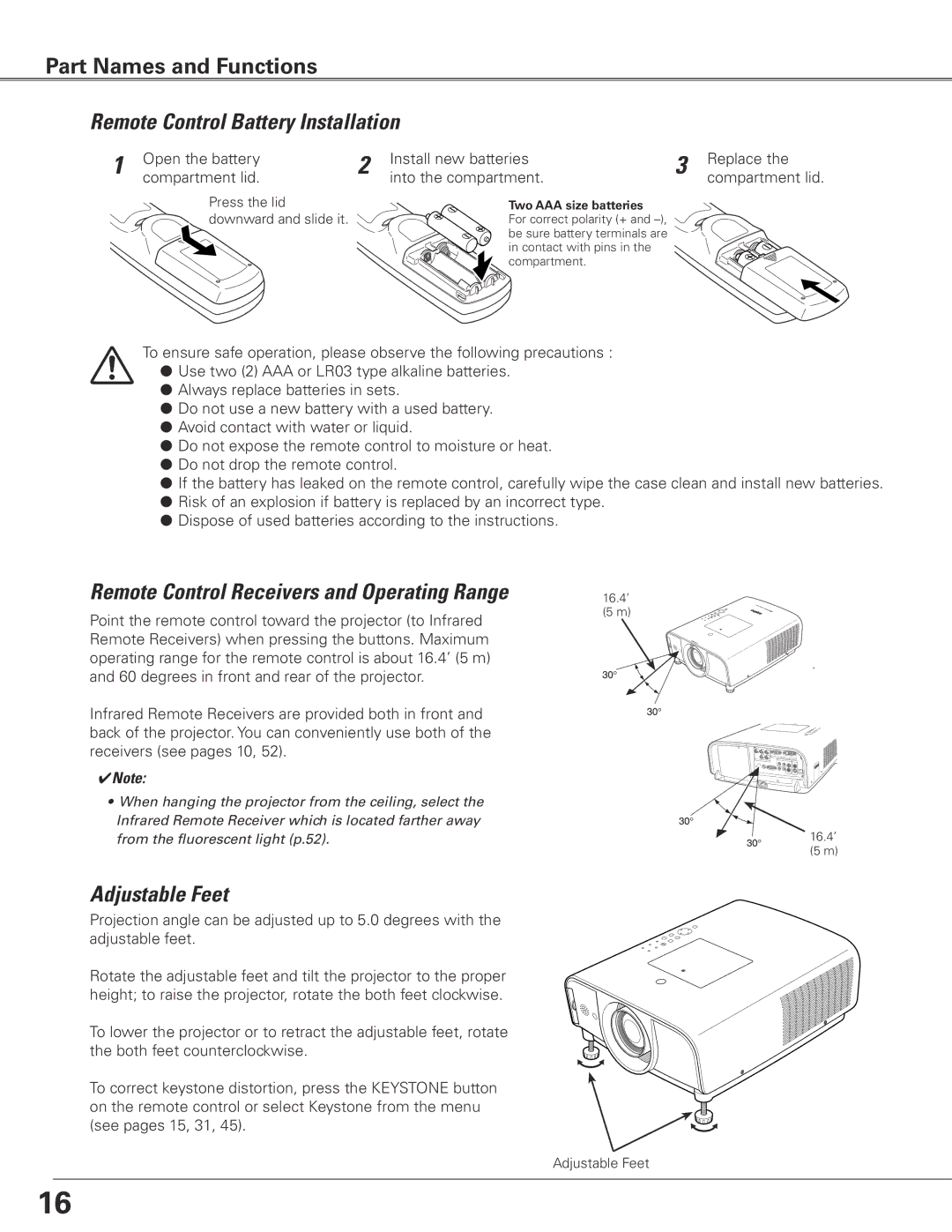 Sanyo PLC-ET30L owner manual Remote Control Battery Installation, Adjustable Feet 