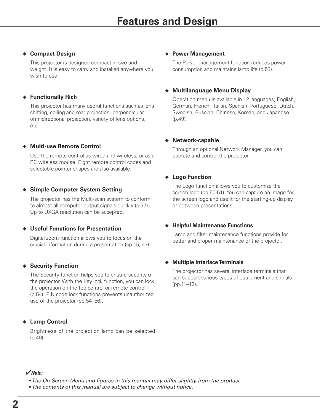 Sanyo PLC-ET30L owner manual Features and Design 