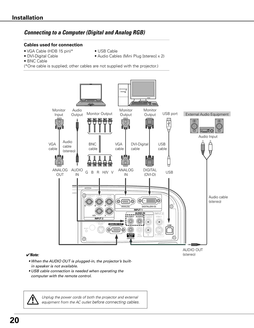 Sanyo PLC-ET30L owner manual Connecting to a Computer Digital and Analog RGB, Cables used for connection 