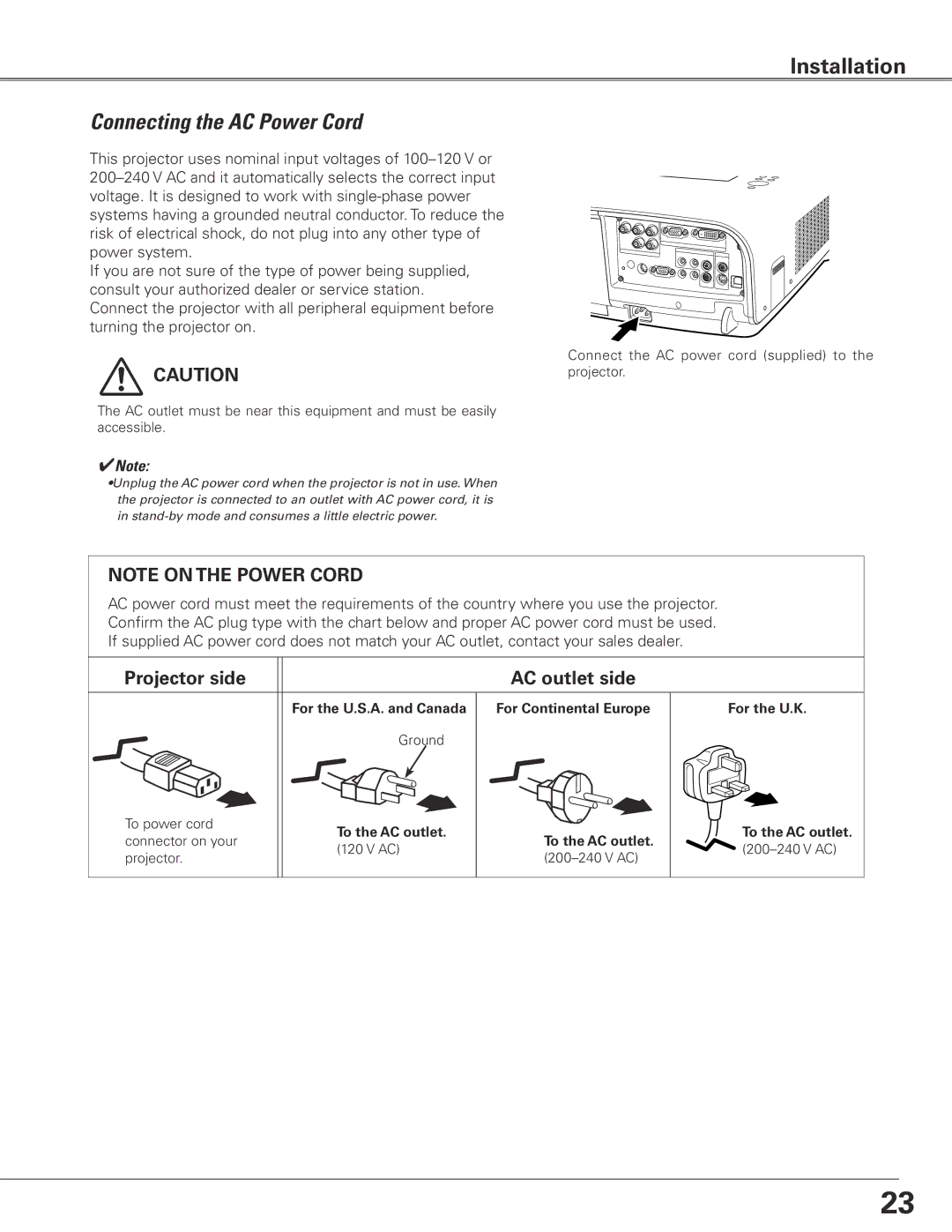 Sanyo PLC-ET30L owner manual Connecting the AC Power Cord, Projector side AC outlet side 