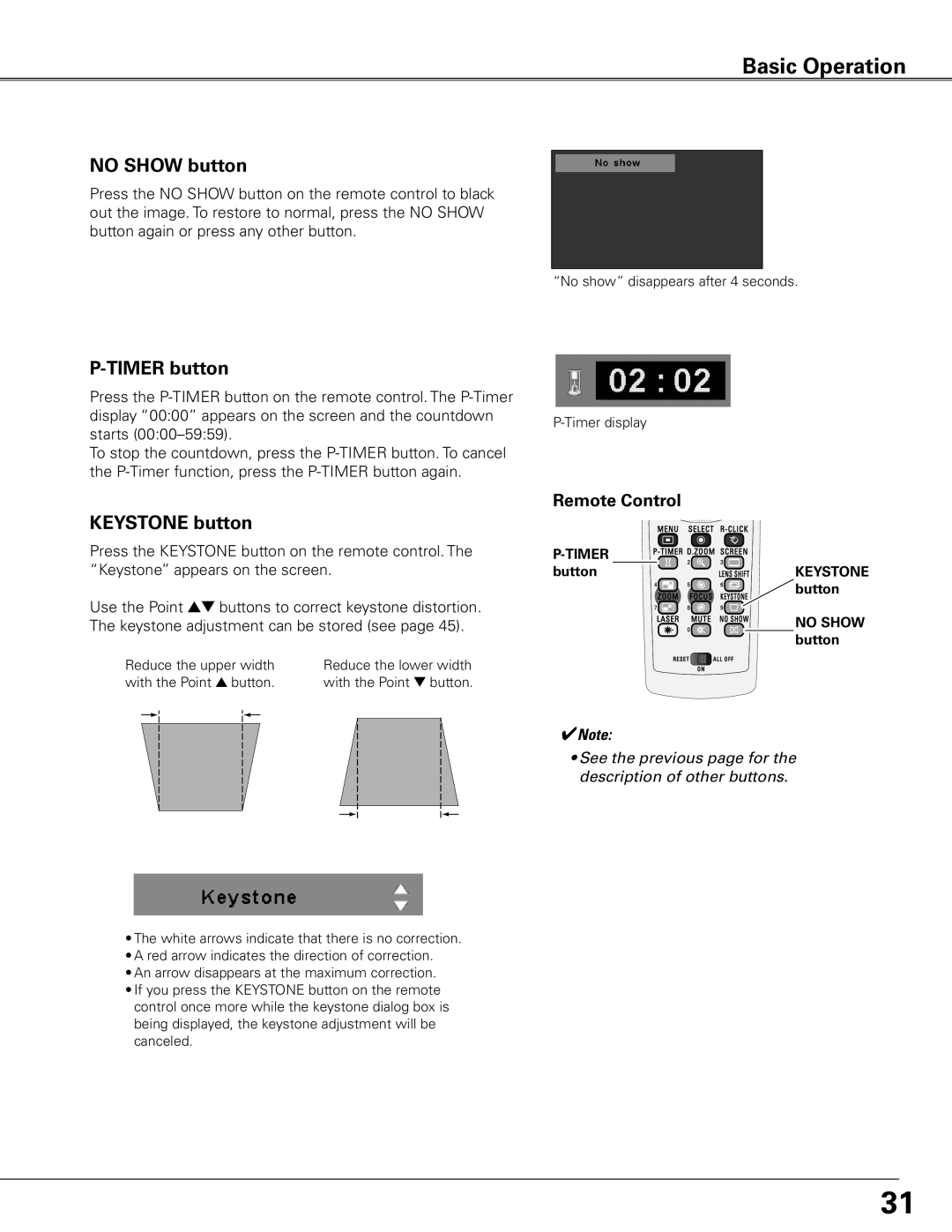 Sanyo PLC-ET30L owner manual No Show button, Timer button, Keystone button 