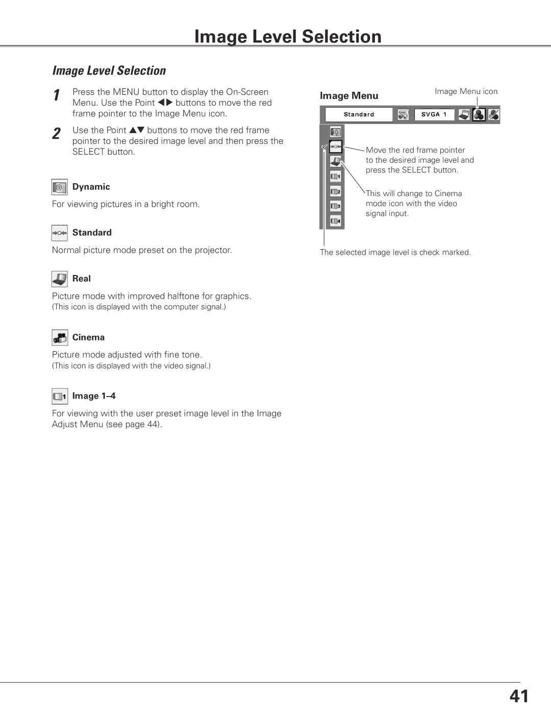 Sanyo PLC-ET30L owner manual Image Level Selection, Image Menu 