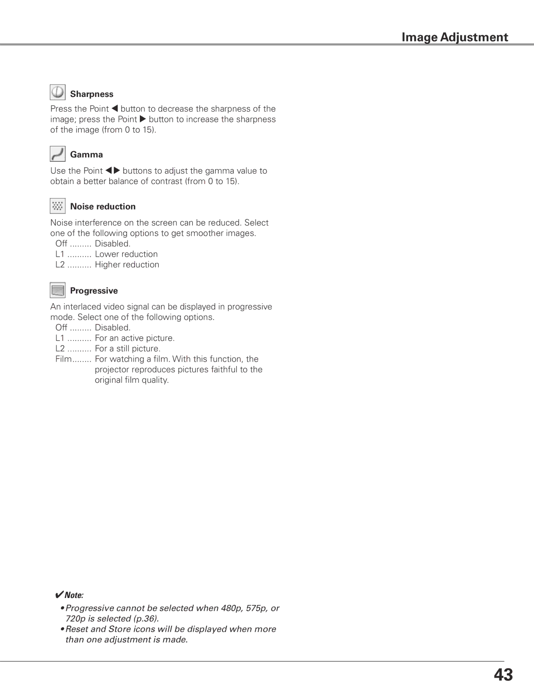 Sanyo PLC-ET30L owner manual Sharpness, Gamma, Noise reduction, Progressive 