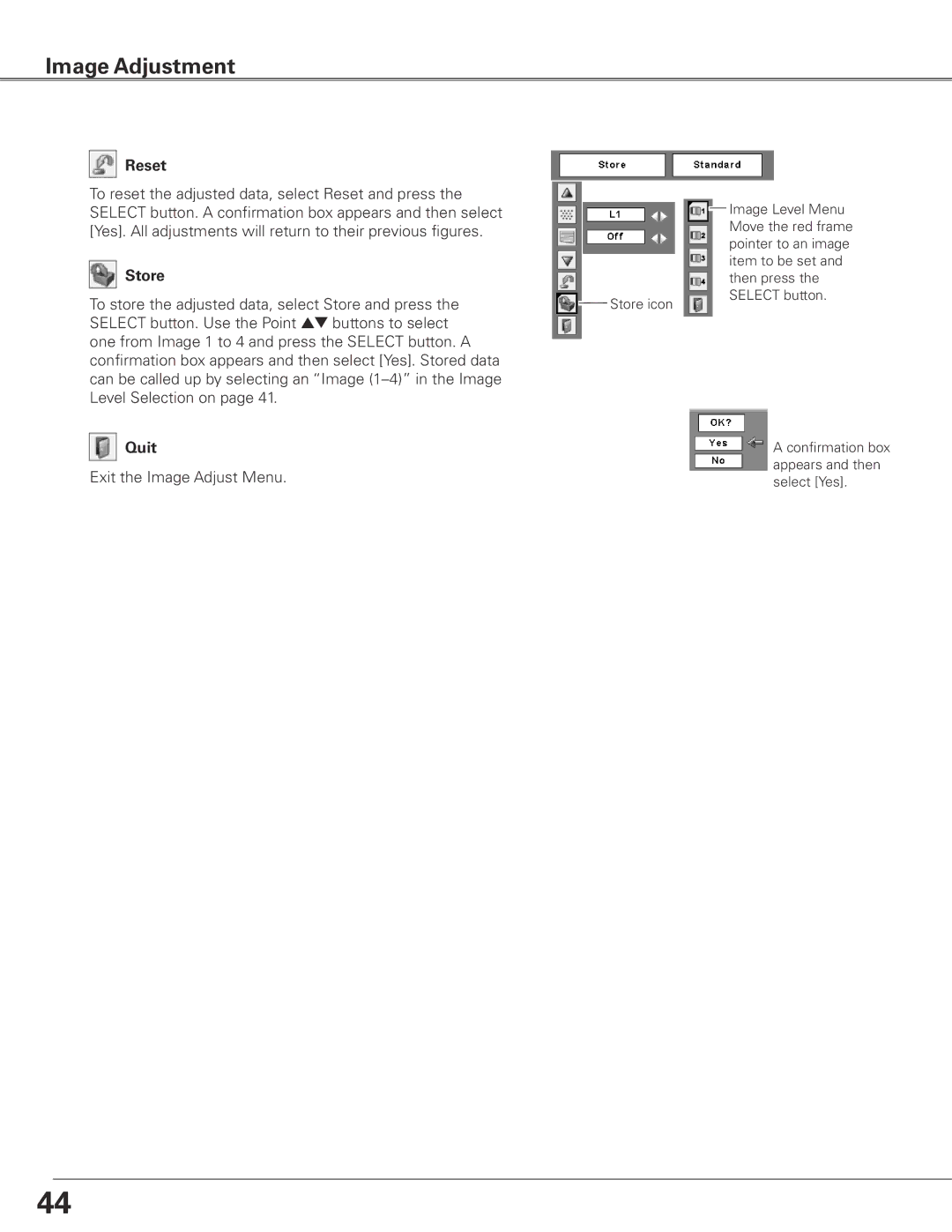 Sanyo PLC-ET30L owner manual To reset the adjusted data, select Reset and press 