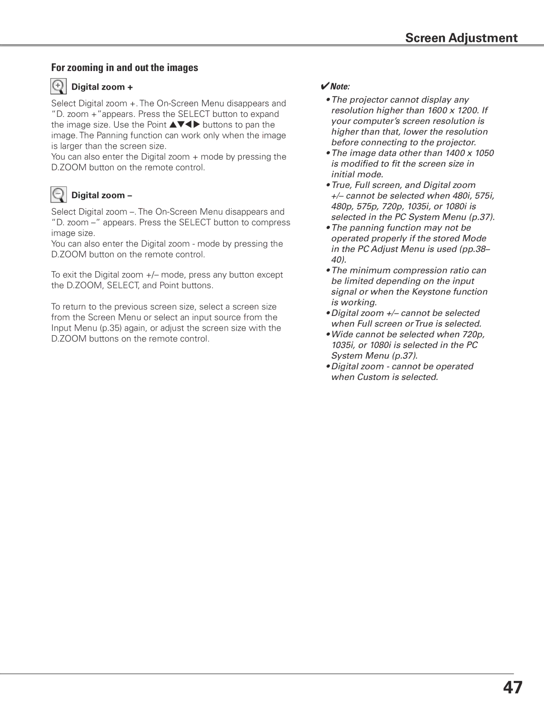 Sanyo PLC-ET30L owner manual For zooming in and out the images, Digital zoom + 