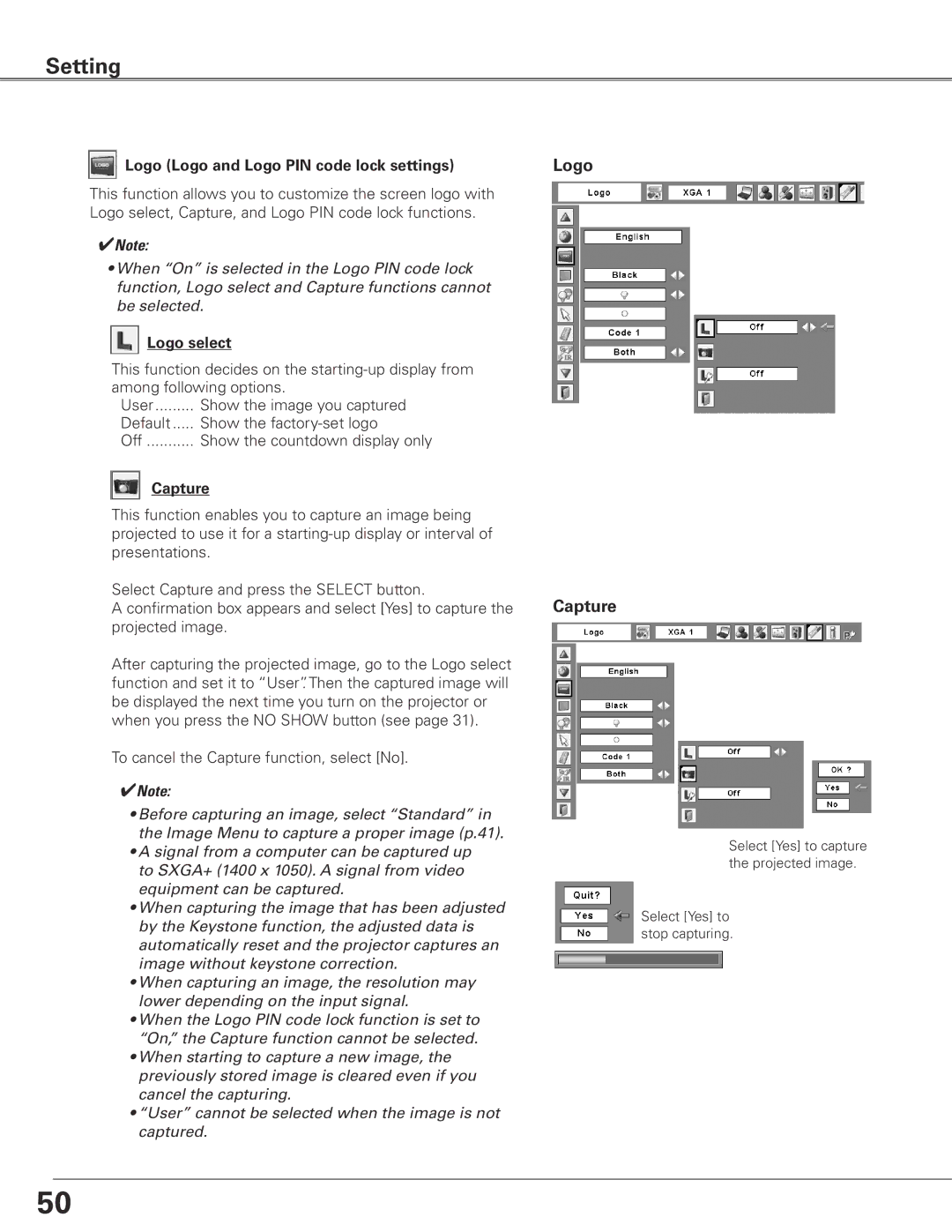 Sanyo PLC-ET30L owner manual Logo Capture, Logo Logo and Logo PIN code lock settings, Logo select 