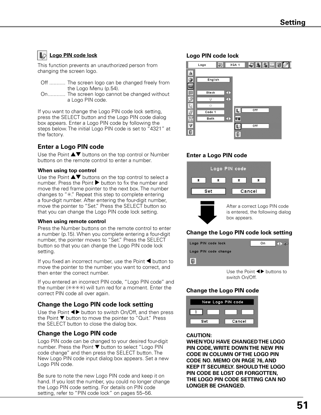 Sanyo PLC-ET30L owner manual Enter a Logo PIN code, Change the Logo PIN code lock setting, Change the Logo PIN code 