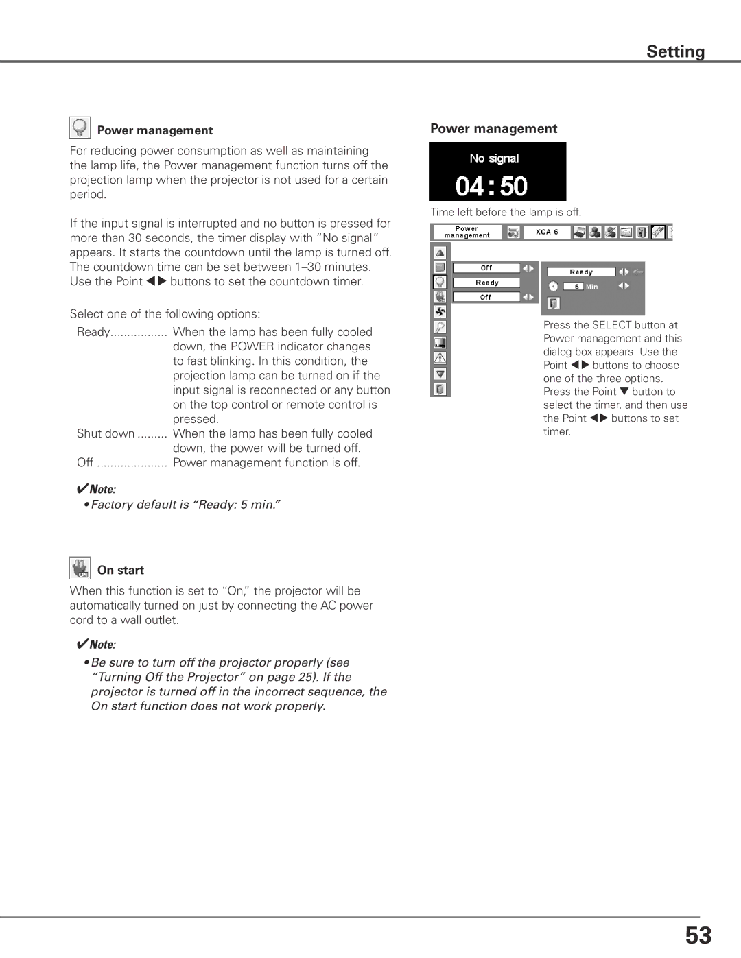 Sanyo PLC-ET30L owner manual Power management, On start 