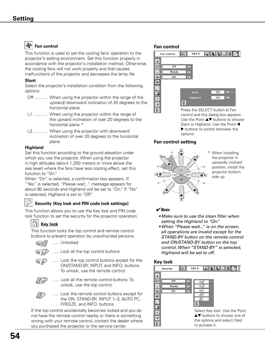 Sanyo PLC-ET30L owner manual Fan control setting, Key lock 