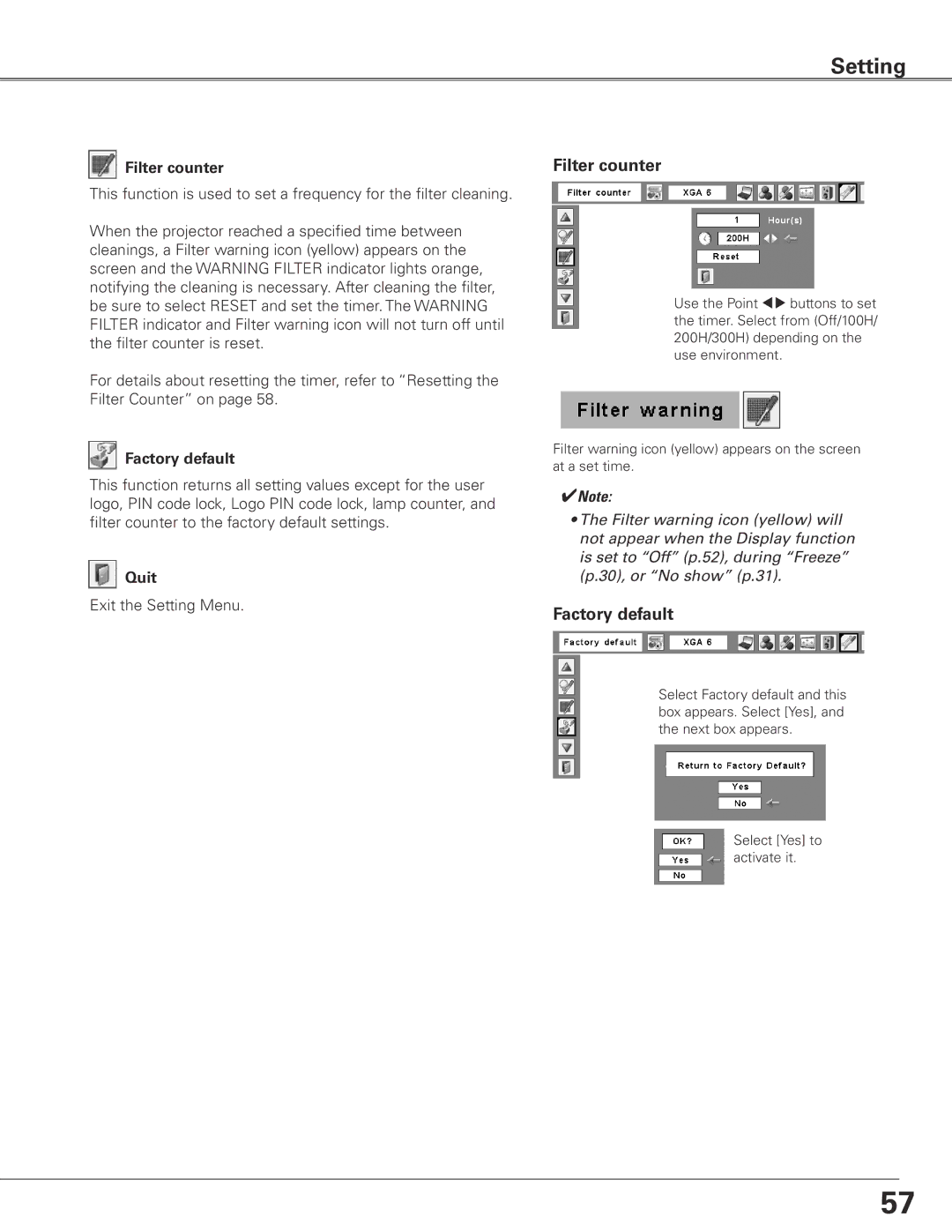 Sanyo PLC-ET30L owner manual Filter counter, Factory default 