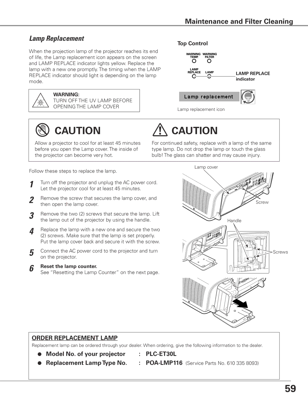 Sanyo PLC-ET30L Lamp Replacement, Model No.. of your projector, Replacement Lamp Type No, Reset the lamp counter 