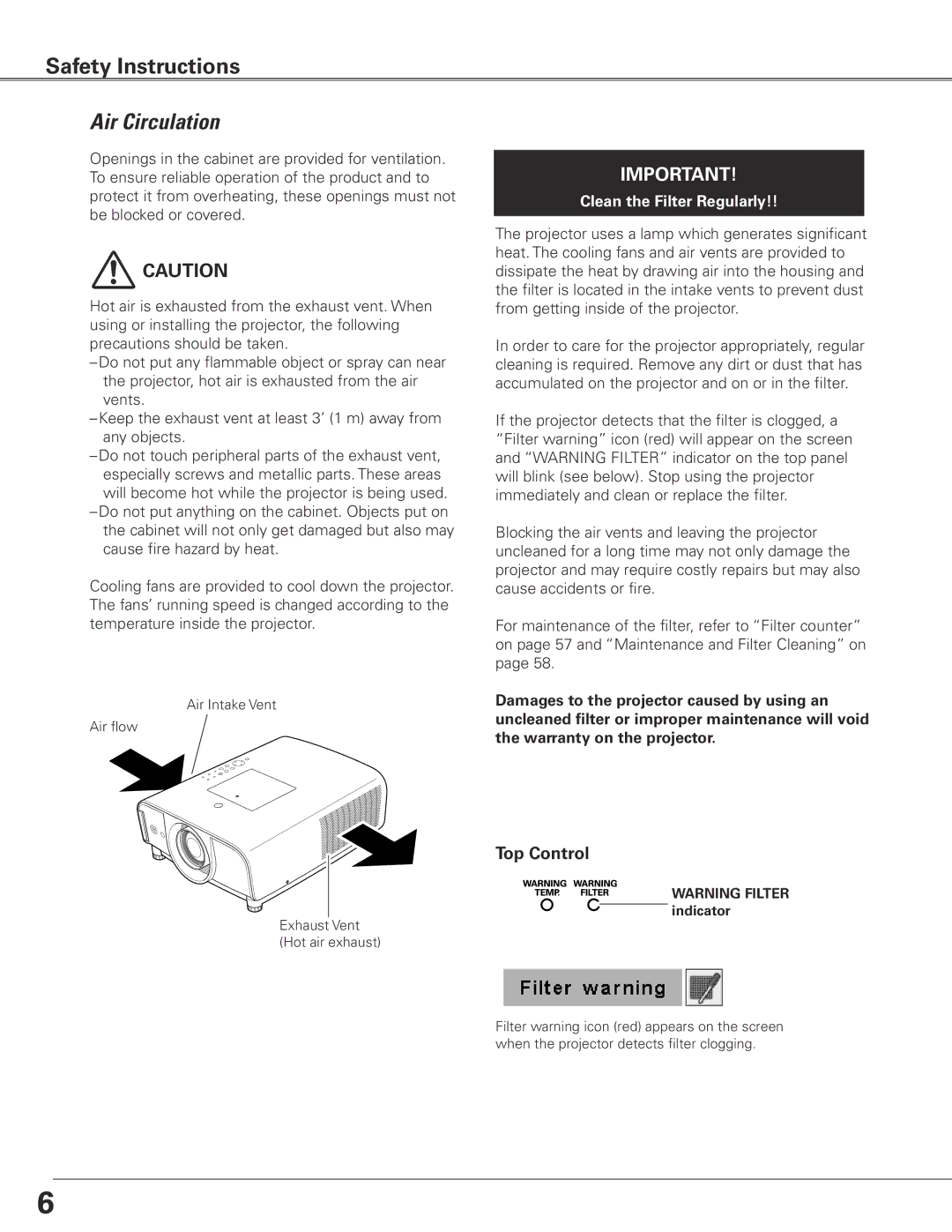 Sanyo PLC-ET30L owner manual Air Circulation, Top Control 