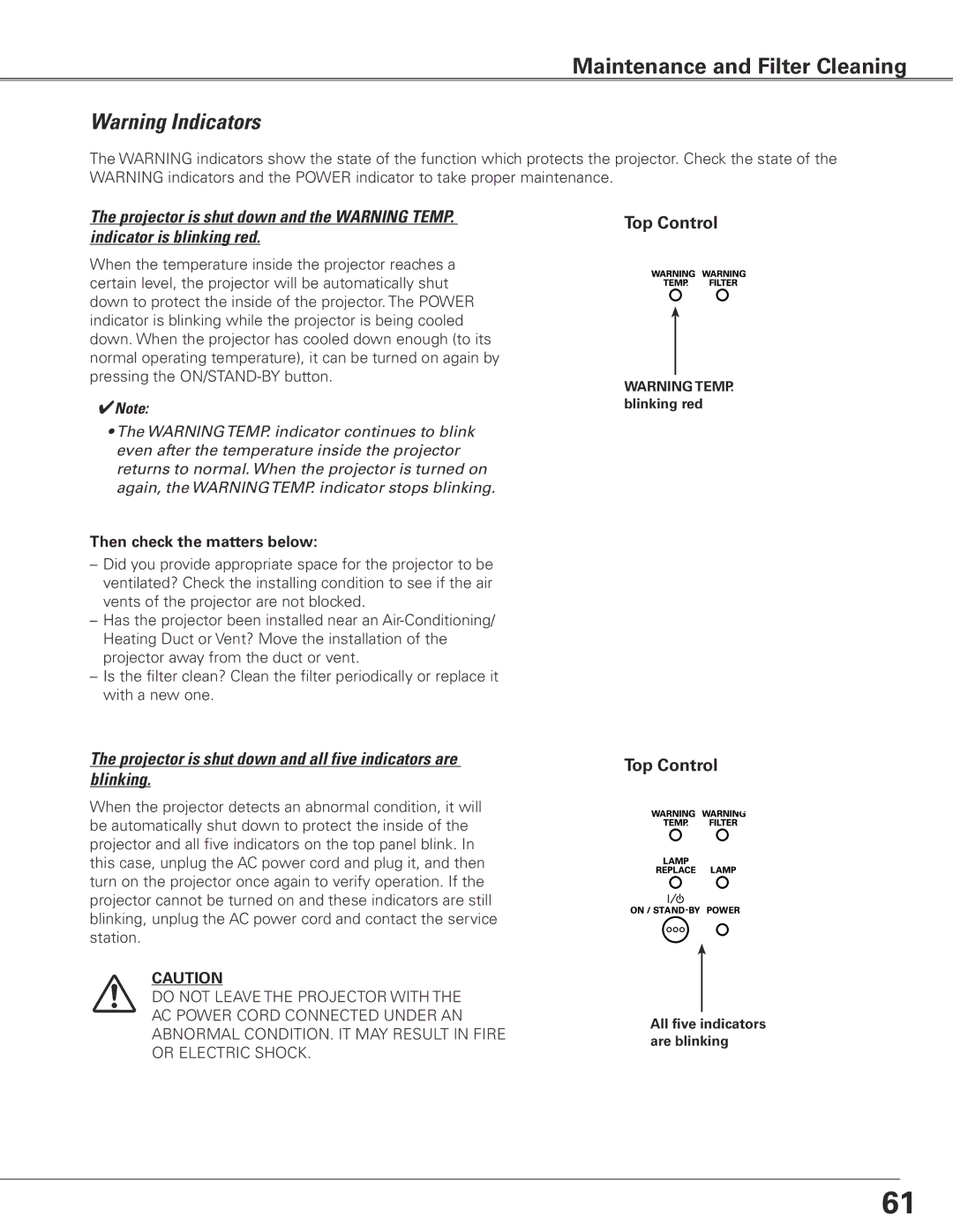 Sanyo PLC-ET30L owner manual Projector is shut down and all five indicators are blinking, Then check the matters below 