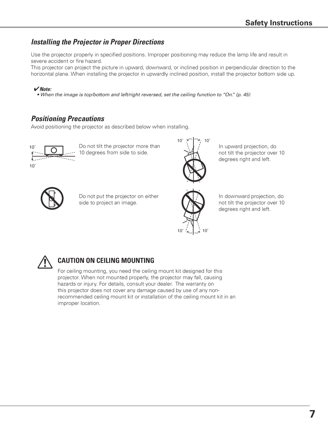 Sanyo PLC-ET30L owner manual Installing the Projector in Proper Directions, Positioning Precautions 