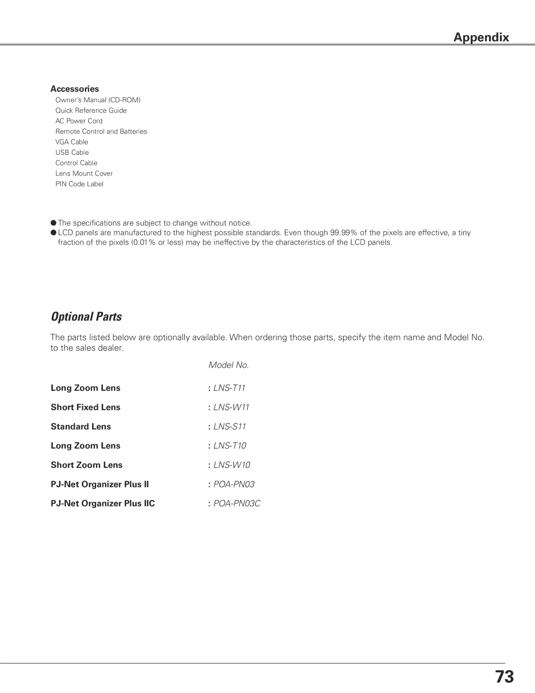 Sanyo PLC-ET30L owner manual Optional Parts 