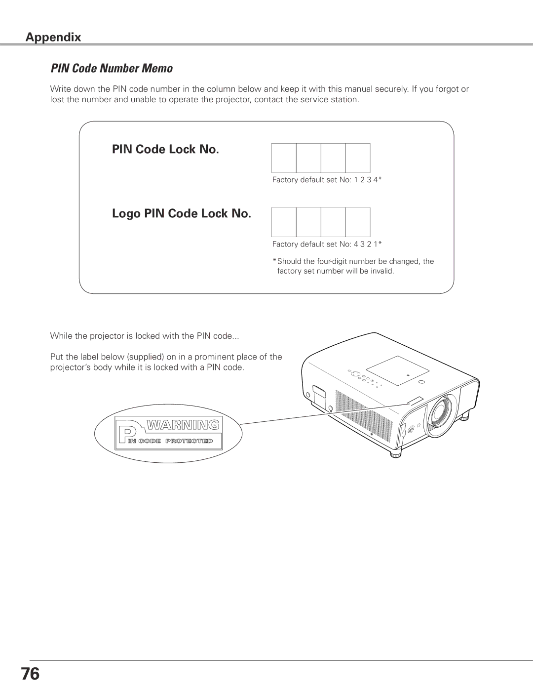 Sanyo PLC-ET30L owner manual PIN Code Number Memo, Logo PIN Code Lock No 