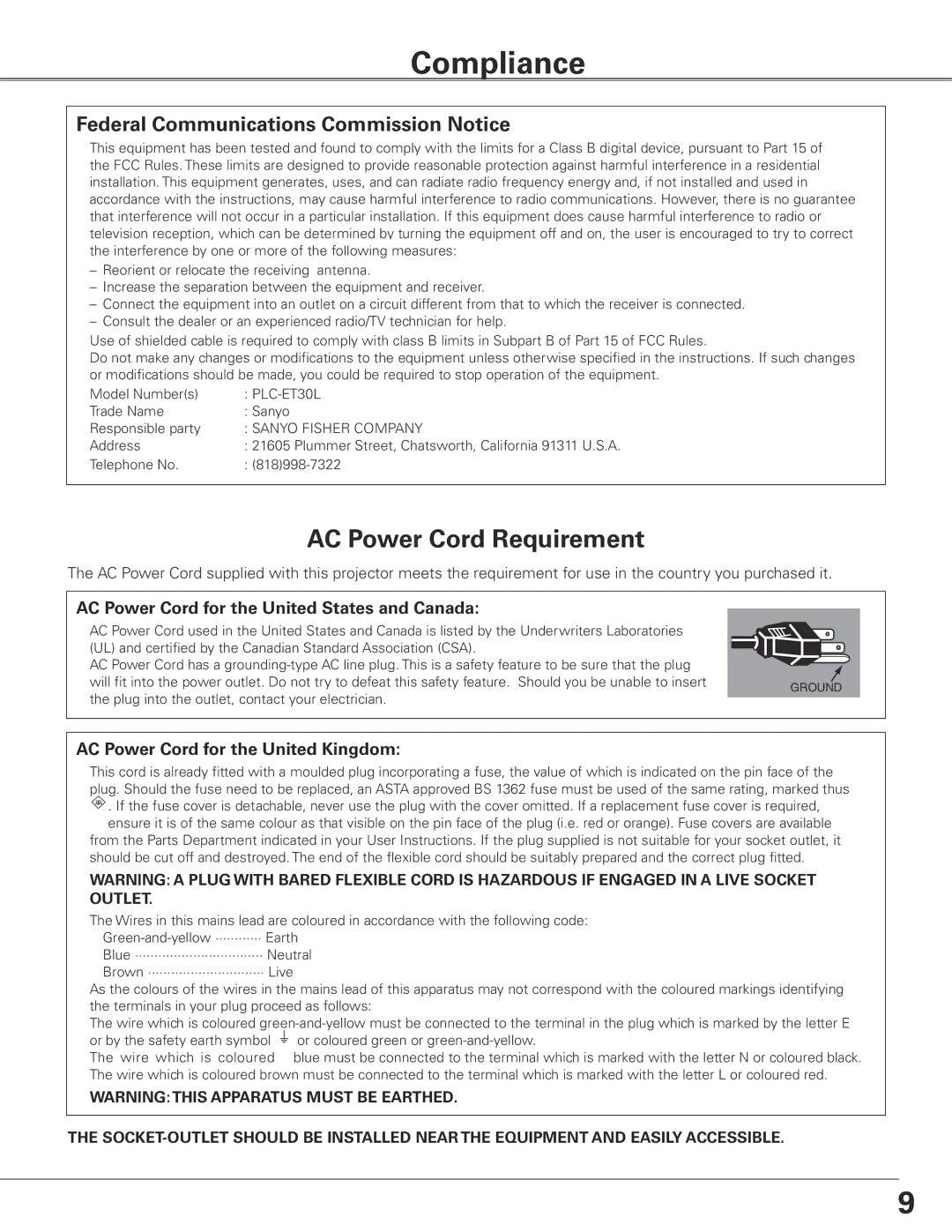 Sanyo PLC-ET30L Compliance, AC Power Cord for the United States and Canada, AC Power Cord for the United Kingdom 