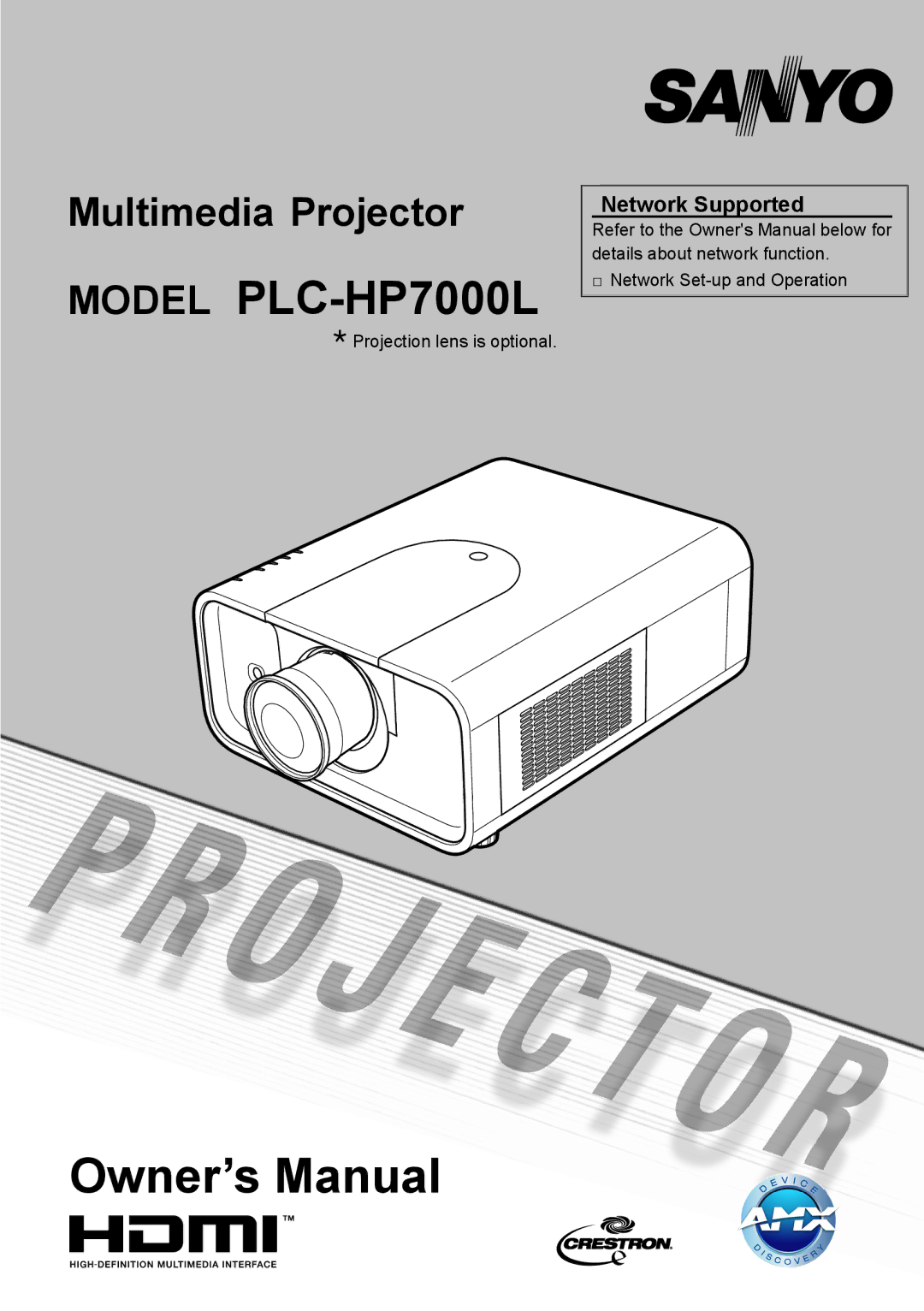 Sanyo PLC-HP7000L owner manual  Projection lens is optional, Network Set-up and Operation 