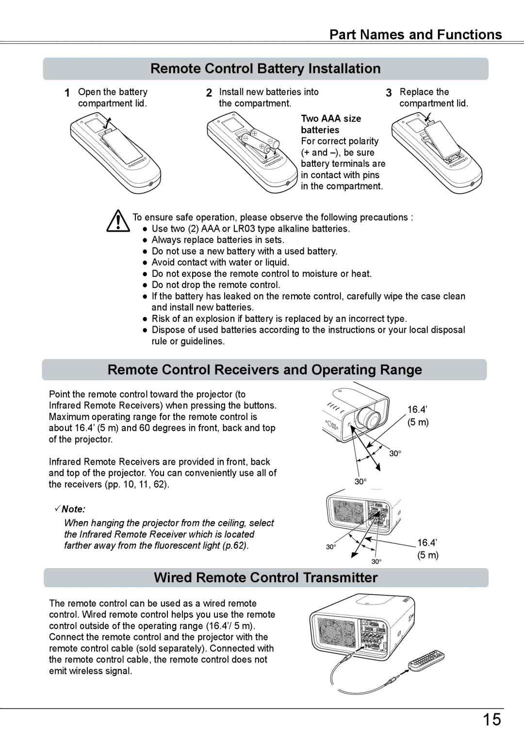 Sanyo PLC-HP7000L owner manual Remote Control Receivers and Operating Range, Wired Remote Control Transmitter, 16.4’ 5 m 