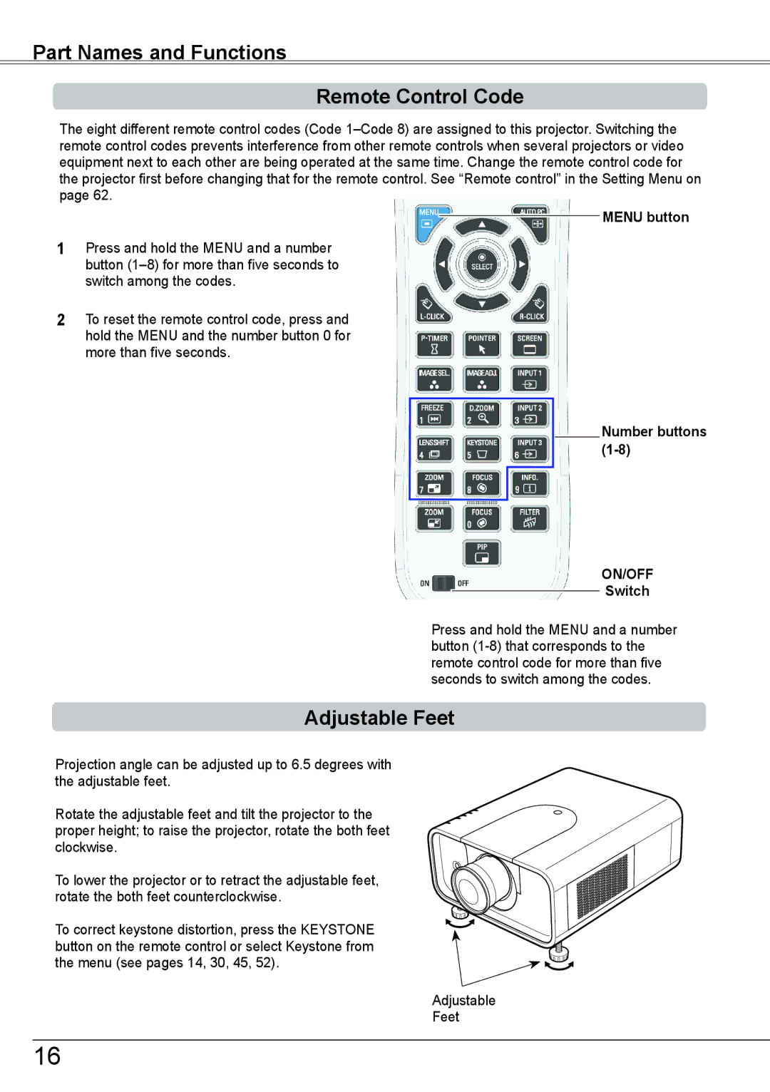 Sanyo PLC-HP7000L owner manual Part Names and Functions Remote Control Code, Adjustable Feet, On/Off 