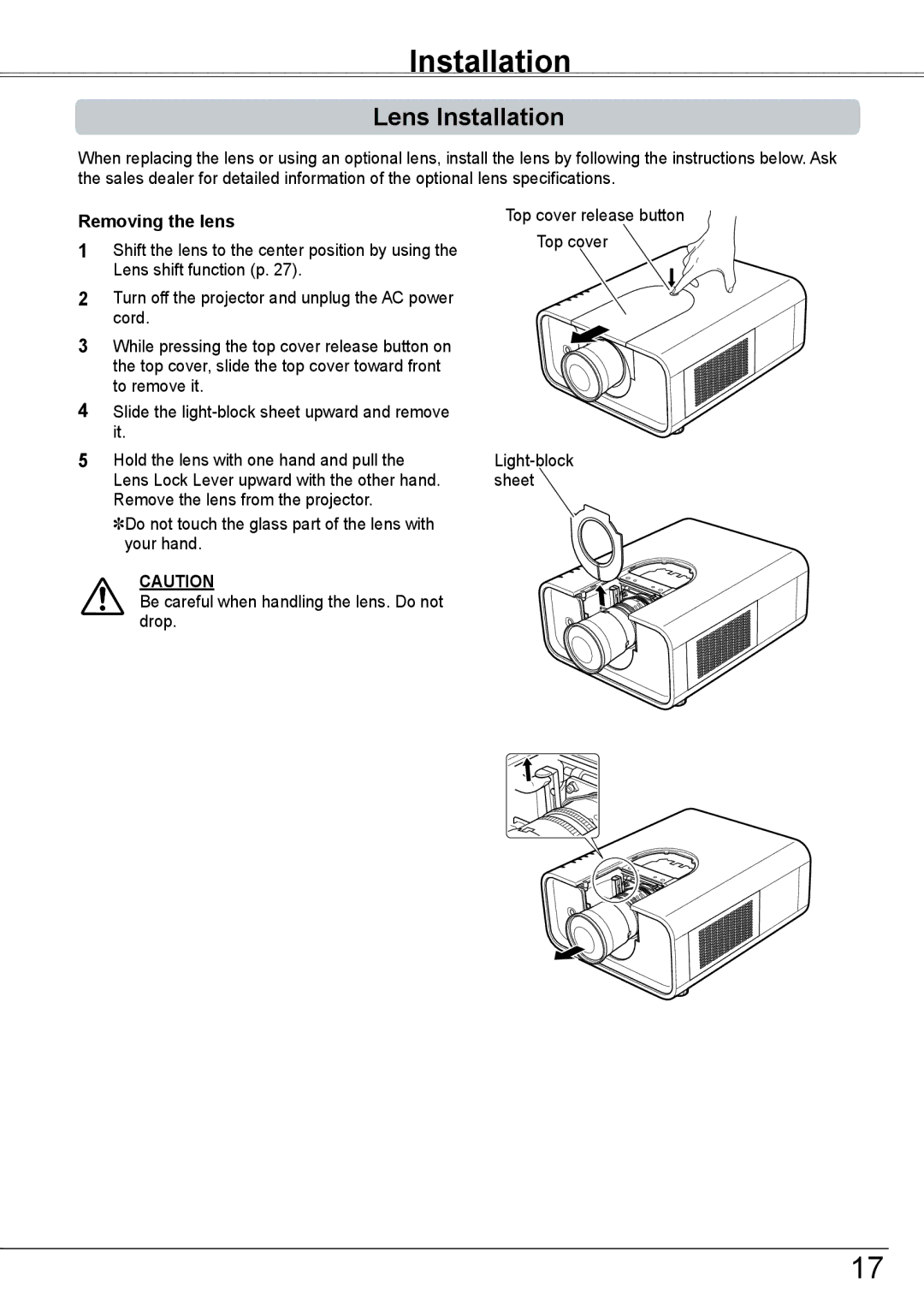 Sanyo PLC-HP7000L owner manual Lens Installation, Removing the lens 